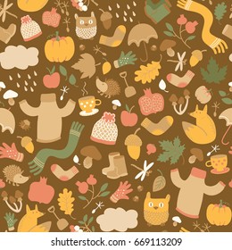 Autumn seamless pattern with isolated doodle style decorative icons of fall foliage mushrooms flowers and animal characters vector illustration