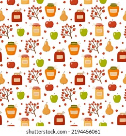 Autumn seamless pattern with jam jars, garden fruits and berries. Fall season background for wallpaper, wrapping paper, fabric, textile, scrapbook. Flat style design.