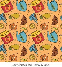 Autumn Seamless Pattern with Jam, Tea, Pears, Croissants, Pumpkins, and Cozy Fall Elements