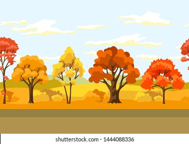 Autumn seamless pattern with landscape and stylized trees. Natural illustration.