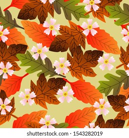 Autumn seamless pattern with leaf. autumn leaf backgroubd. Cute backdrop. Leaf fall. Colorful leaves. Dark Background. Autum Flowers Background. Seamless Pattern With Floral Motifs