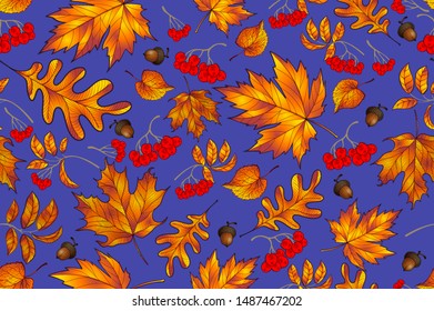 Autumn seamless pattern with leaf, autumn leaf background. Abstract leaf texture. Cute backdrop. Leaf fall. Colorful leaves. Dark gray background. The elegant the template for fashion prints. Vector