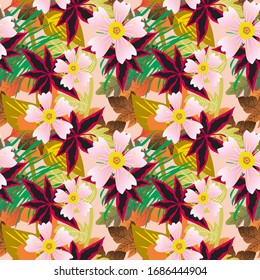 Autumn seamless pattern with leaf. autumn leaf background. Cute backdrop. Leaf fall. Colorful leaves. Autumn Flowers Background. Seamless Pattern With Floral Motifs able to print for 