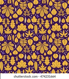 Autumn seamless pattern with leaf, autumn leaf background. Abstract leaf texture. Cute backdrop. Leaf fall. Yellow leaves. Dark violet background. The elegant the template for fashion prints. Vector.

