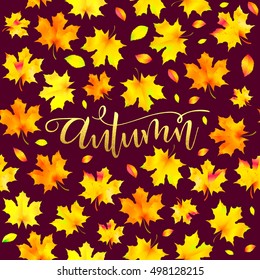 Autumn seamless pattern with leaf, autumn leaf background. Hand drawn gold lettering autumn. Leaf fall. Colorful leaves. Dark purple background.