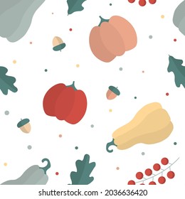 Autumn seamless pattern. Leaf fall. Texture of pumpkins, oak leaves, acorns and viburnum berries for fabrics, paper, textile, gift wrap