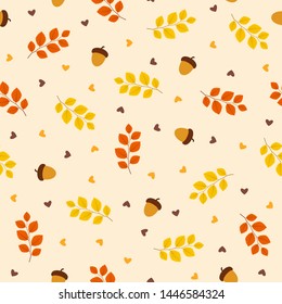 Autumn seamless pattern with leaf on orange background, vector illustration