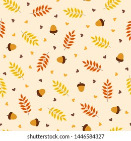 Autumn seamless pattern with leaf on orange background, vector illustration
