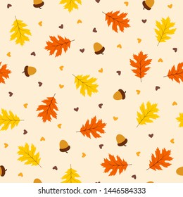 Autumn seamless pattern with leaf on orange background, vector illustration