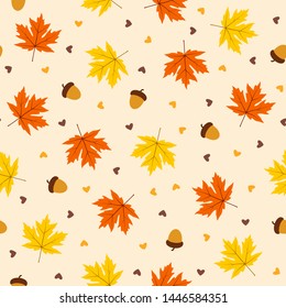 Autumn seamless pattern with leaf on orange background, vector illustration