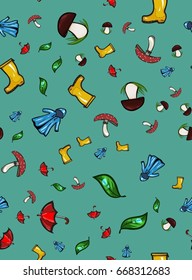 Autumn seamless pattern with leaf, umbrella, coat, mushrooms and rubber boots.