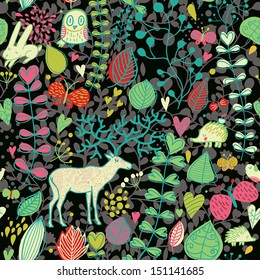 Autumn seamless pattern with leafs, flowers, owl, rabbit, hedgehog, butterflies and deer. Cute cartoon wallpaper in dark colors