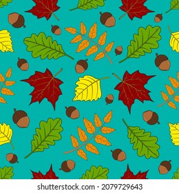 Autumn seamless pattern with leaves and accorns. Beautiful vector background