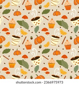 Autumn seamless pattern with leaves, acorn, cinnamon, orange, coffee, pumpkin, cupcake and mushrooms. Autumn harvest, halloween or Thanksgiving on beige color background seasonal design 