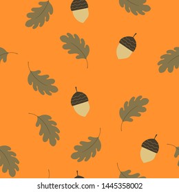 Autumn seamless pattern with leaves and 
acorns on orange background. Vector illustration for fabric, textile, wallpaper, posters, gift wrapping paper, pajamas. Print for children. Doodle style. 