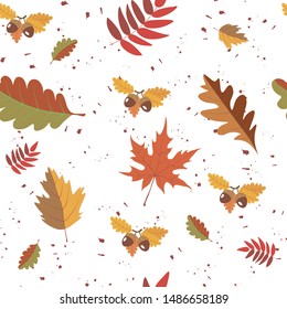 Autumn seamless pattern. Autumn leaves and acorns on a white background. Background. Wallpaper. Print.  