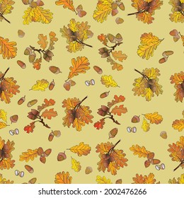 Autumn seamless pattern with leaves and acorns. Vector illustration.