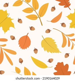 Patrón de otoño sin fisuras con hojas y bellotas. Fondo de otoño vectorial