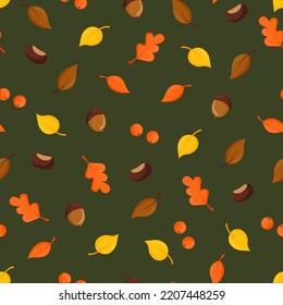 
Autumn seamless pattern with leaves, acorns, chestnuts and berries. Fall holidays, harvest, thanksgiving. Background for fall concept and other uses.