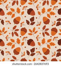 Autumn seamless pattern with leaves, acorns and berries. Perfect for fall themed backgrounds, textile designs or wrapping paper. Vector Illustration.