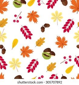 Autumn seamless pattern: leaves, acorns, berries and chestnuts on a white background.