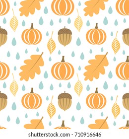 Autumn seamless pattern. Leaves, acorns and pumpkins