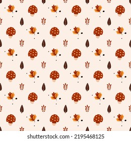 Autumn seamless pattern. Leaves and agaric. Great for paper, design of sketchbook, textile, gift wrap. 