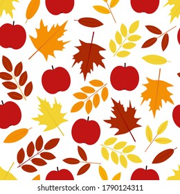 Herbstnahtloses Muster. Blätter und Äpfel.  Digitales Papier. Vektorhintergrund. 