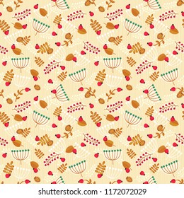 Autumn seamless pattern with leaves and berries. Fall colors. Vector background.