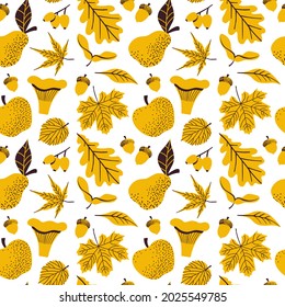 Autumn seamless pattern with leaves, berries, mushroom, apple, pear. Hand drawn vector illustration in scandinavian style