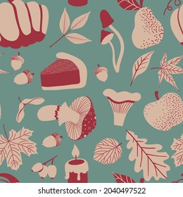 Autumn seamless pattern with leaves, berries, mushroom, apple, pear. Hand drawn vector illustration in retro style and colors
