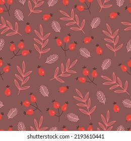 Autumn seamless pattern with leaves, berries, briar on brown background. Perfect for greeting card, wallpaper, wrapping paper, fabric. Vector illustration