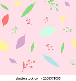 Autumn seamless pattern with leaves and berries different sizes on pastel pink background. Vector illustration. For textile, fabric, paper. 