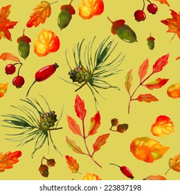 Autumn seamless pattern with leaves, berries, pine cones and acorns
