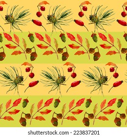 Autumn seamless pattern  with leaves, berries, pine cones and acorns in stripes