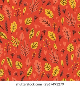 Patrón de otoño sin fisuras con hojas, bayas y corazones sobre fondo rojo. Ideal para tapicería, papel de regalo, tarjetas de felicitación de temporada. Ilustración del vector