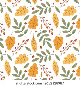 Otoño sin patrón con hojas, bayas. Hojas de otoño que caen. Fondo botánico de otoño. Para el diseño de Anuncios, telas, textiles, Fondo de pantalla. Ilustración vectorial
