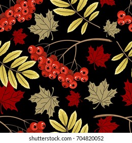 Autumn seamless pattern with leaves and berries.