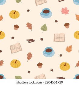 Autumn seamless pattern with leaves, book, cup of coffee, pumpkin and cinnamon. Fall hand draw vector illustration with cute elements and seasonal symbols. Packaging paper design