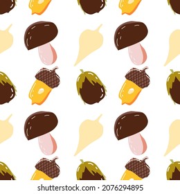 Autumn seamless pattern with leaves, branches, mushrooms, fruits and vegetables. Vector illustration.