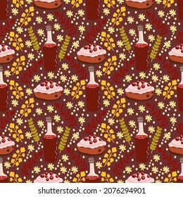 Patrón de otoño sin fisuras con hojas, ramas, setas, frutas y verduras. Ilustración vectorial.