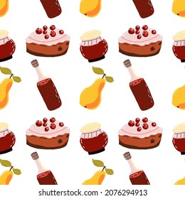 Autumn seamless pattern with leaves, branches, mushrooms, fruits and vegetables. Vector illustration.