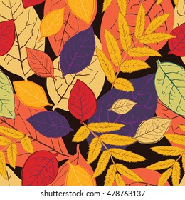 Autumn seamless pattern with leaves and branches. Vector illustration.