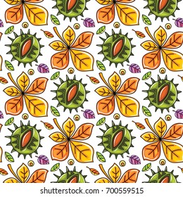 Autumn seamless pattern with leaves and chestnut, fall leaf background. Abstract floral texture. Colorful cartoon. Cute template for fashion prints, seasonal sale, social media. Vector design elements