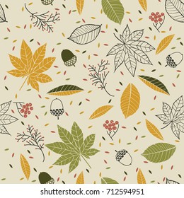  Autumn seamless pattern with leaves, cones, acorns