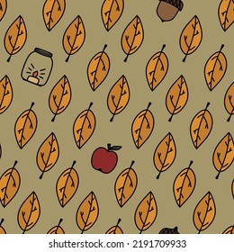 Patrón de otoño sin fisuras con hojas. Huella textil de atracción a mano con hojas de temporada, manzanas, bellotas, candelabros. Fondo de otoño vectorial