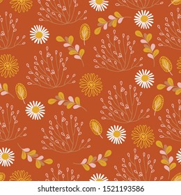 Autumn seamless pattern with leaves, daisy, chamomile, flowers and bush on ginger background. Scandinavian style. Perfect for greeting cards, wallpaper, gift paper, seasonal decorations