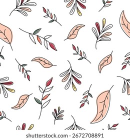 autumn seamless pattern leaves in doodle style on white background