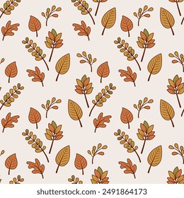 Autumn seamless pattern. Autumn leaves in flat boho style. Yellow, orange, brown fallen leaves. Painted abstract composition for decorative seasonal print. Natural earthy colors