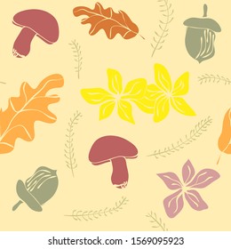 Autumn seamless pattern with leaves, flowers, mushrooms, acorns and moss.  Cute seasonal background, design for kitchen textile, wrapping paper